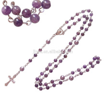 Natural Amethyst Stone Catholic Rosary Cross Necklace